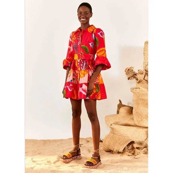 Farm Rio Tropical Fruit Printed Mini Shirt Dress Small Multicolor Belted Resort - Picture 7 of 13